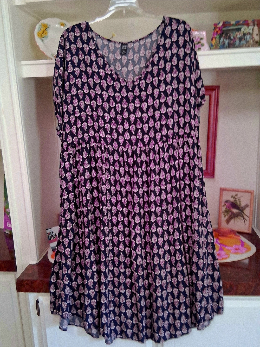 Emery Rose Navy Blue Printed Skater Dress with Pink Leaf Motif
